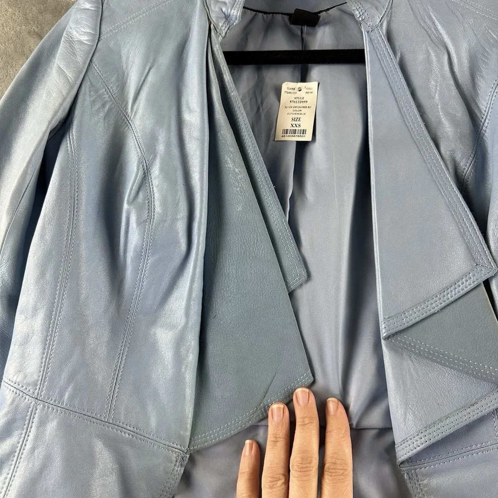 White House Black Market Leather Jacket Women's XXS Blue Cascading Lapel 3/4 NEW - Picture 10 of 13